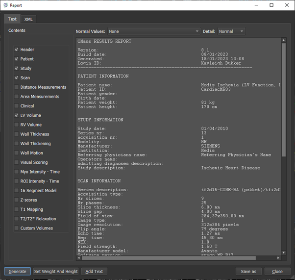 Screenshot of the Report pop-up in QMass